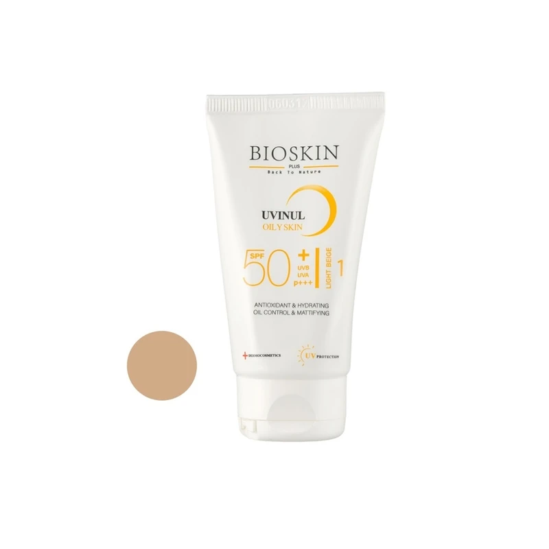 کرم ضد آفتاب رنگی بژ روشن بایو اسکین پلاس SPF 50 مدل OS محافظ UVA ،UVB و PA+++،مناسب برای پوست چرب و مختلط حجم ۴۰ میلی لیتر