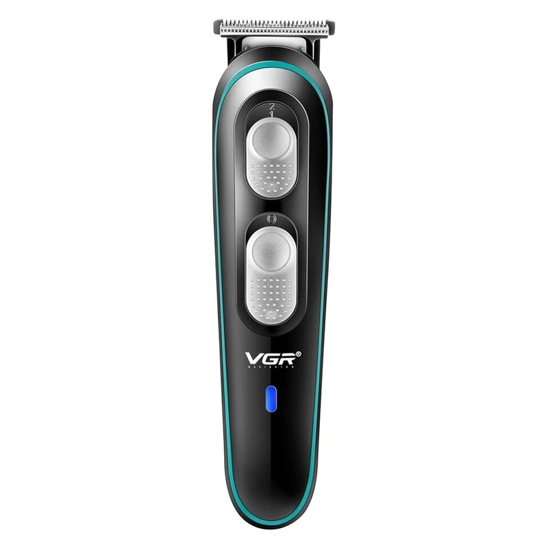 ماشین اصلاح موی صورت وی جی ار مدل V-055 با تیغه استیل ضد زنگ، باتری قابل شارژ، طراحی ارگونومیک، خط زن و صفر زن، اندازه اصلاح 0 تا 10 میلی متر، وزن 220 گرم