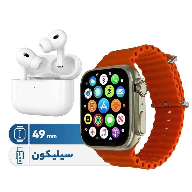 ساعت هوشمند ورنا مدل Ultra pack 01 به همراه هندزفری بیسیم دارای قابلیت های قابلیت مکالمه از طریق بلوتوث، کنترل موسیقی (Music Player)، پشتیبانی از زبان فارسی در منو و سیستم عامل بند سیلیکون