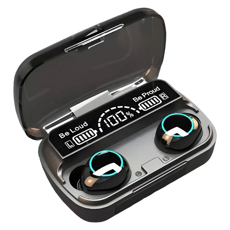 هدفون بلوتوثی مدل WIRELESS STEREO TWS V5.3 دارای نویز کنسلینگ میکروفون، درگاه شارژ MicroUSB، دارای نمایشگر روی صفحه محفظه شارژ، نشانگر LED، پشتیبانی از فرمان لمسی