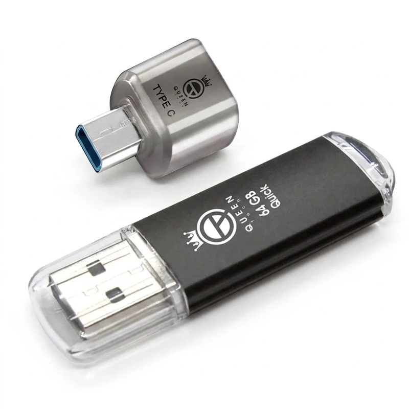 فلش مموری کوئین تک مدل QUICK C-PLUS ظرفیت 64 گیگابایت با رابط USB 2.0 و مبدل USB-C، سرعت انتقال 30 مگابایت بر ثانیه، طراحی درپوش دار، مناسب گوشی، تبلت، کامپیوتر و تلویزیون