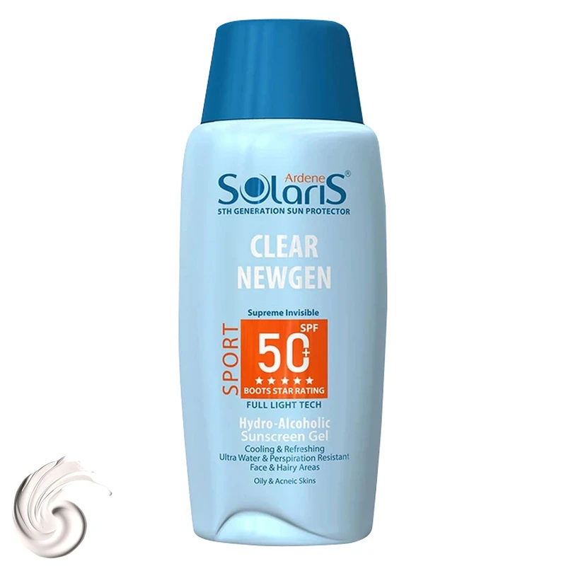 ژل ضدآفتاب بی رنگ آردن سولاریس SPF50 مدل Clear Newgen، مناسب پوست های چرب، حجم 100 میلی لیتر