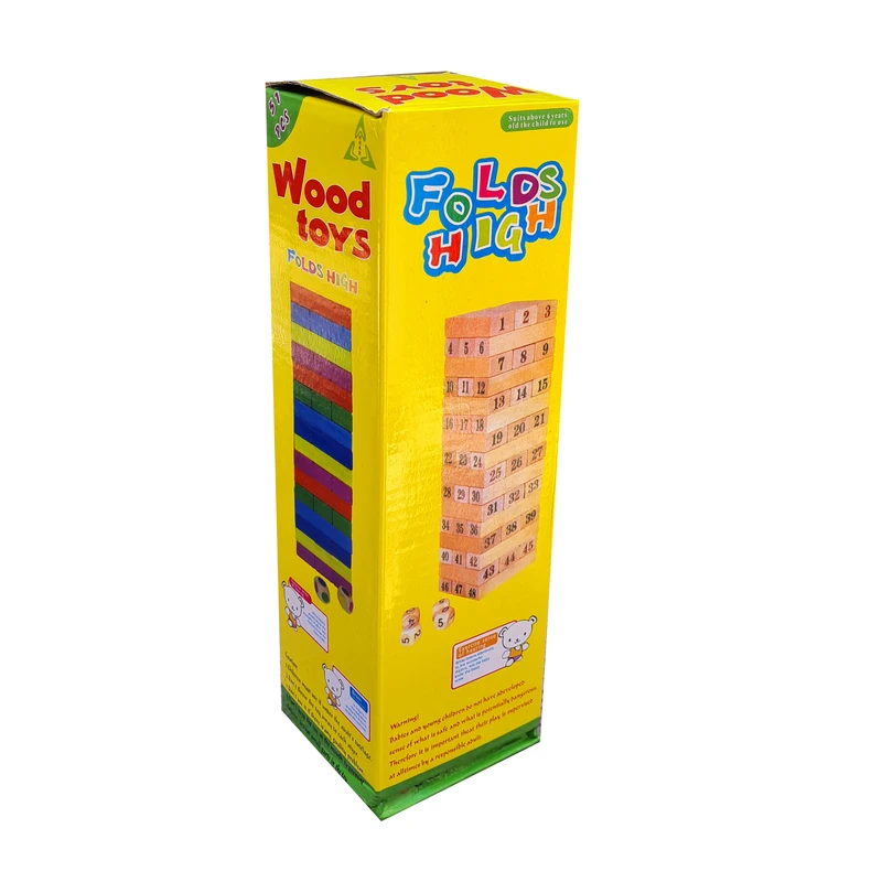 بازی فکری برج هیجان مدل 48 Box با 48 قطعه چوبی و 4 تاس، مناسب کودکان تا بزرگسالان، اجرای 2 تا 4 نفره، تقویت تمرکز و مهارت استراتژی در کمتر از یک ساعت