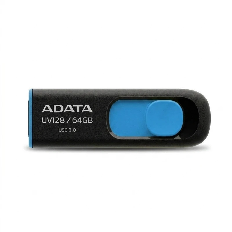 فلش مموری کشویی ای دیتا مدل DashDrive UV128 ظرفیت 64GB، رابط USB 3.0 با سرعت خواندن 90 و نوشتن 40MB/s، طراحی ضد خش و ضد گرد و خاک، قابلیت اتصال بند حمل