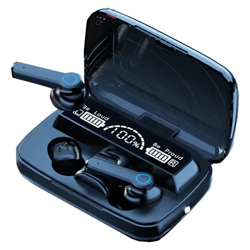 هدفون بلوتوثی مدل air pods m19 بدون قابلیت نویز کنسلینگ، درگاه شارژ microUSB، دارای کنترلر لمسی روی گوشی ها، امکان استفاده از محفظه شارژ به عنوان پاور بانک