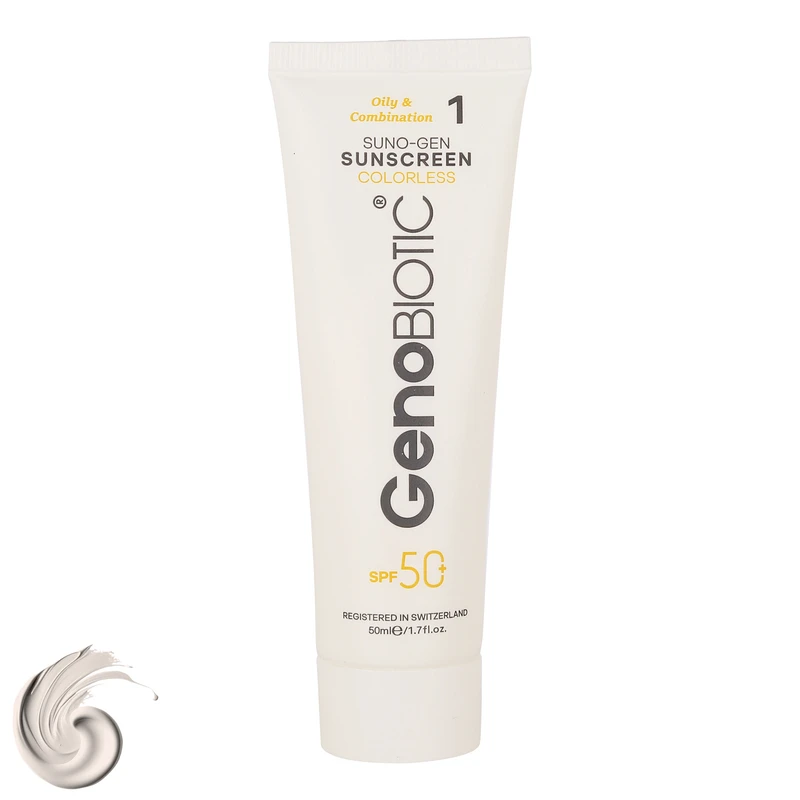 کرم ضدآفتاب بی رنگ ژنوبایوتیک SPF50 مدل 01 محافظ UVA ،UVB، مناسب پوست های مختلط و چرب، حجم 50 میلی لیتر