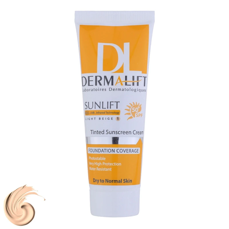 کرم ضد آفتاب رنگی درمالیفت، SPF50، مدل سانلیفت، مناسب پوست خشک و معمولی تنالیته رنگ روشن و حجم 40 میلی لیتر، محافظت کننده در برابر اشعه UVA، UVB و IR، مقاوم در برابر آب، دارای فرمولاسیون شیمیایی، با ماندگاری 3 ساعته