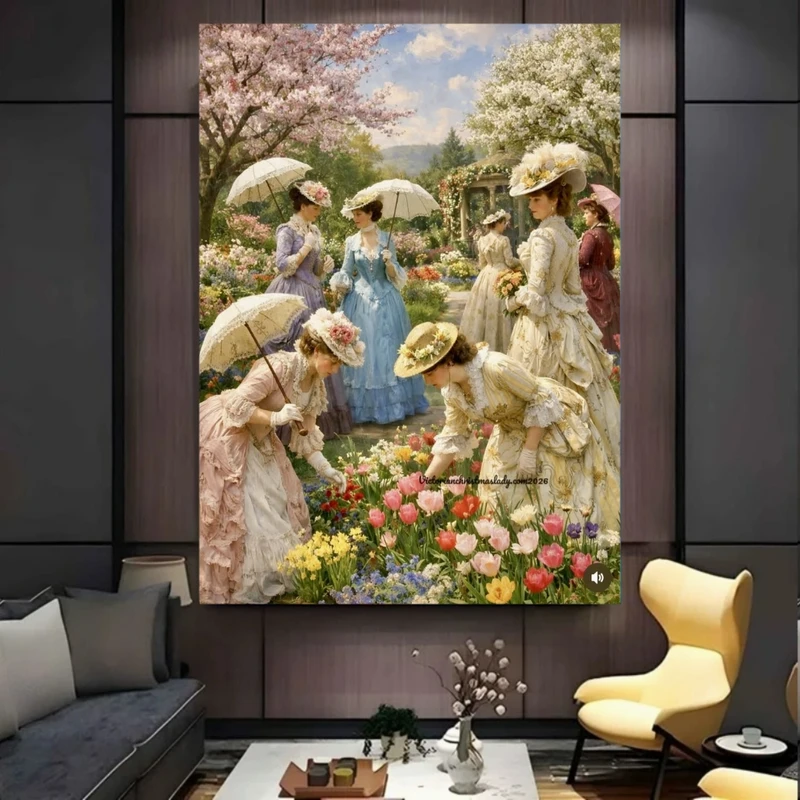 پوستر پارچه ای طرح مخمل کلسیک مدل بانوان در باغ بهاری کد PY1134