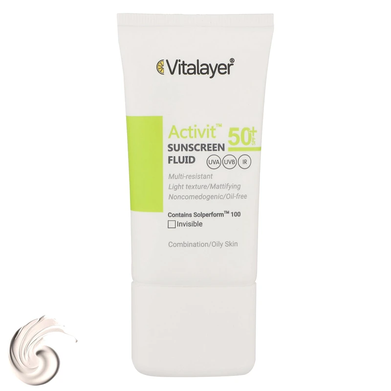 فلوئید ضدآفتاب بی رنگ ویتالیر SPF50 مدل Activit، مناسب پوست های مختلط و چرب، حجم 50 میلی لیتر