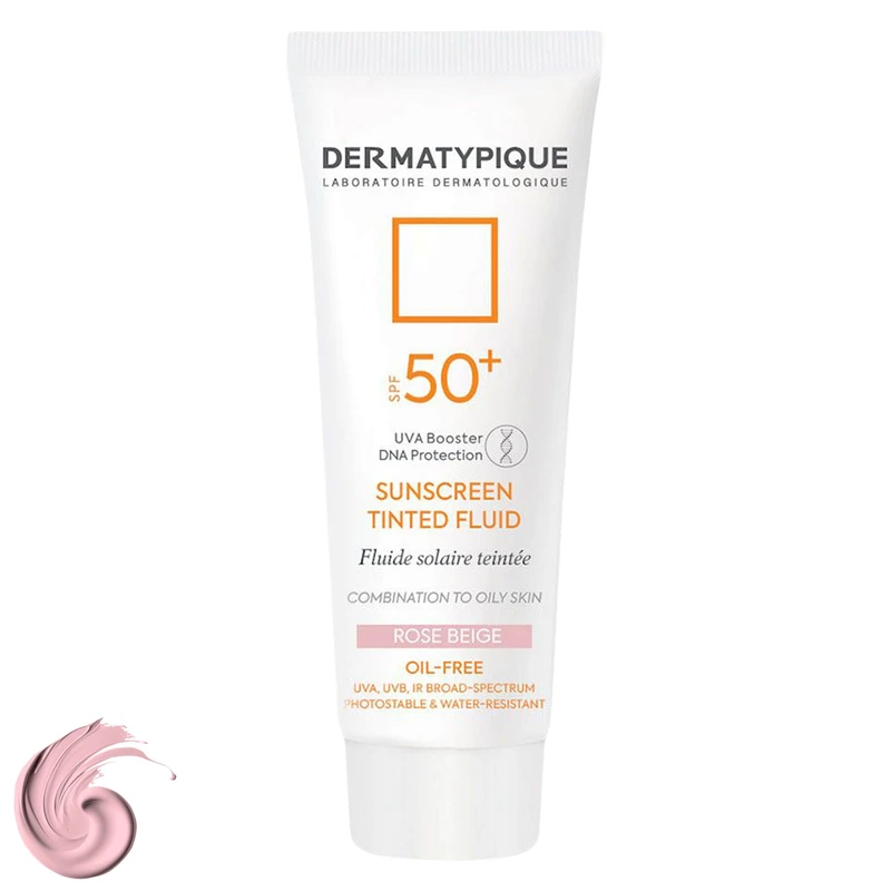 فلوئید ضدآفتاب رنگی درماتیپیک، 50 SPF، مدل TINTED FLUID، مناسب پوست مختلط تا چرب تنالیته رنگ خیلی روشن و حجم 50 میلی لیتر، محافظت کننده در برابر اشعه UVA، UVB، IR، ضد آب، فاقد چربی، محافظ DNA سلولی، تنظیم کننده چربی و ضد پیری پوست، با ماندگاری 2 ساعته