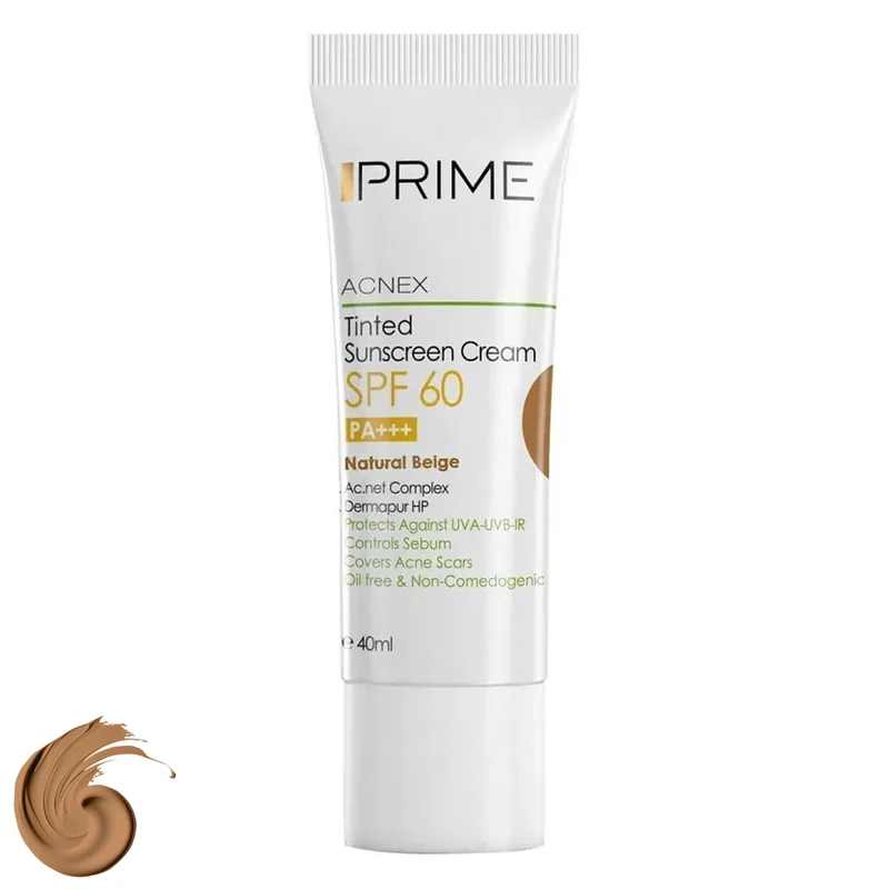 کرم ضدآفتاب رنگی پرایم، 60 SPF، مدل 02، مناسب پوست چرب و مختلط تنالیته رنگ متوسط و حجم 40 میلی لیتر، محافظت کننده در برابر اشعه UVA،IRو UVB، کنترل کننده ترشح سبوم، فاقد چربی و غیر کومدون زا، +++PA، پوشش دهنده جای جوش، با ماندگاری 3 ساعته