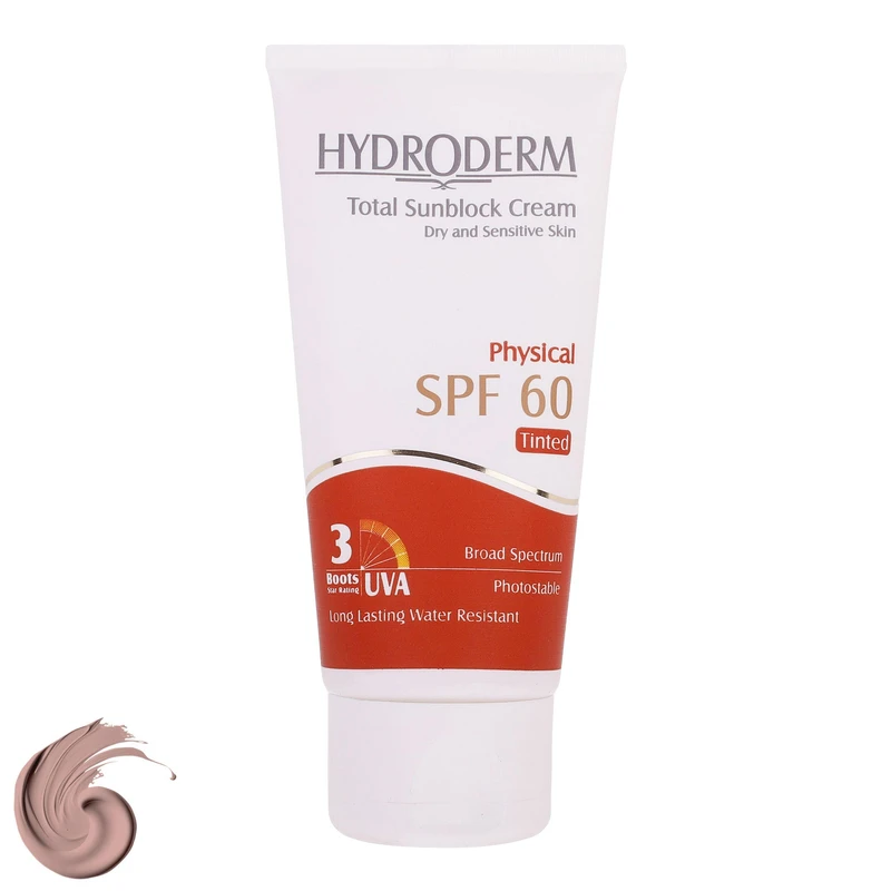 کرم ضدآفتاب رنگی هیدرودرم SPF60 مدل Phisical Tinted مناسب پوست های حساس، حجم 50 میلی لیتر