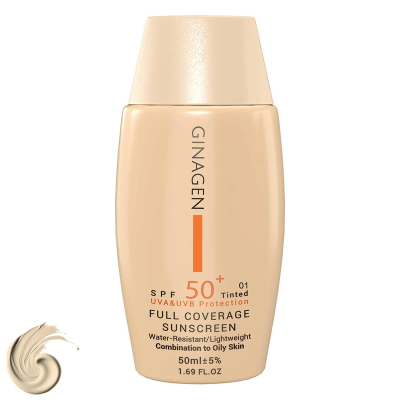 کرم ضد آفتاب رنگی ژیناژن، SPF 50، مدل 01، مناسب پوست های چرب و مختلط با تنالیته روشن و حجم 50 میلی لیتر، ضد آب، محافظت کننده در برابر اشعه های UVA و UVB، ضد چروک، ضد لک و پیری، دارای فرمولاسیون مواد و املاح معدنی، با ماندگاری 2 ساعته