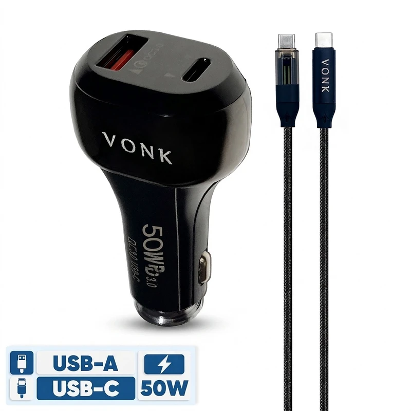 شارژر فندکی 50 وات دو پورت وونک مدل VC--50 به همراه کابل USB-C